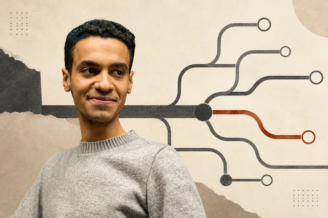 AI-generated editorial portrait of Moataseem Shaaban beside branching workflow paths
