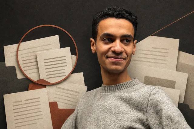 AI-generated editorial portrait of Moataseem Shaaban with document layers and a search lens