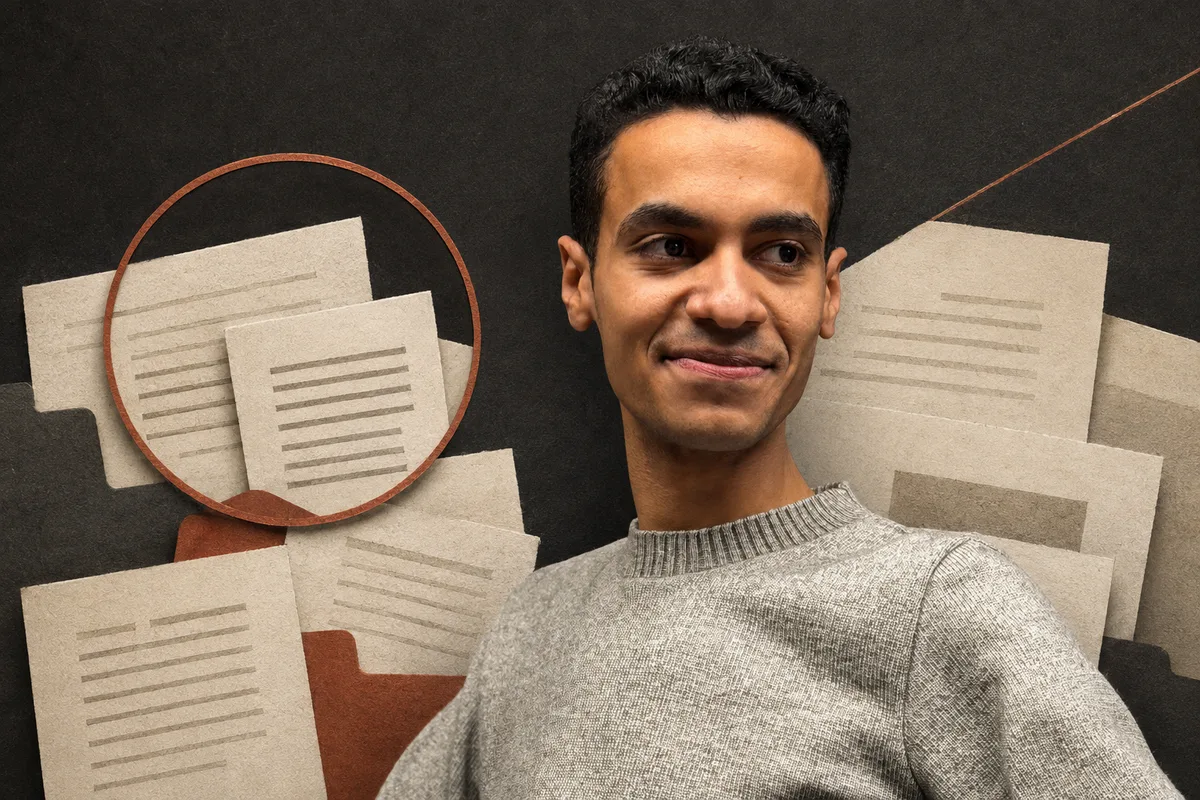 AI-generated editorial portrait of Moataseem Shaaban with document layers and a search lens