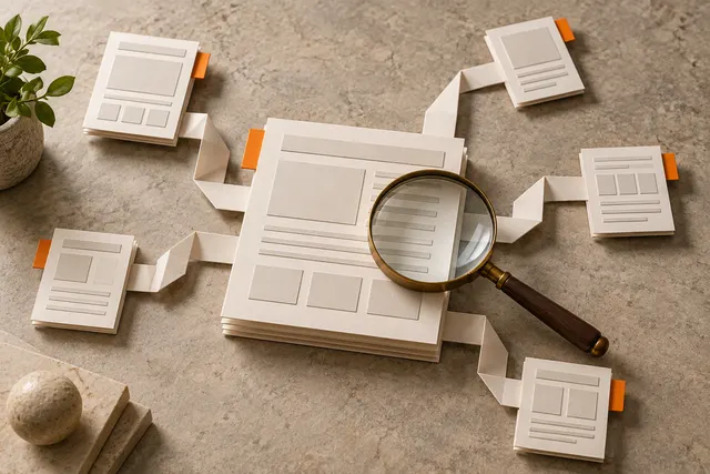 Indexed paper website pages beneath a magnifying lens