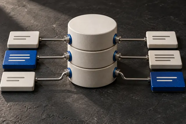 Stacked database cylinders connected to request tiles