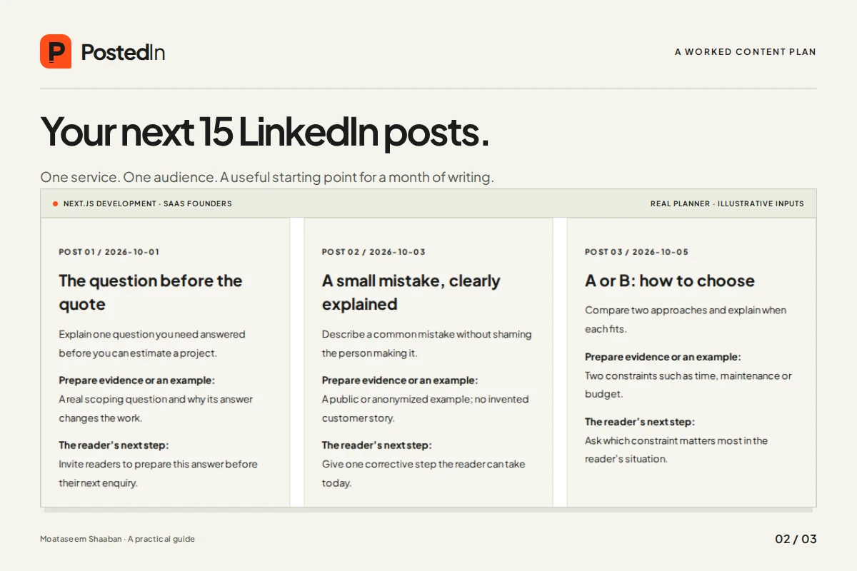 PostedIn’s free LinkedIn content planner with an example field and audience