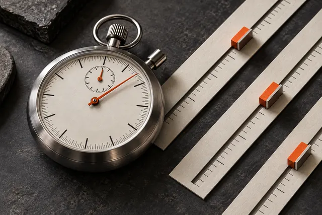 Mechanical stopwatch beside three precision measurement tracks