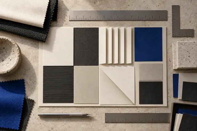 Material swatches and grid rulers assembling an interface panel