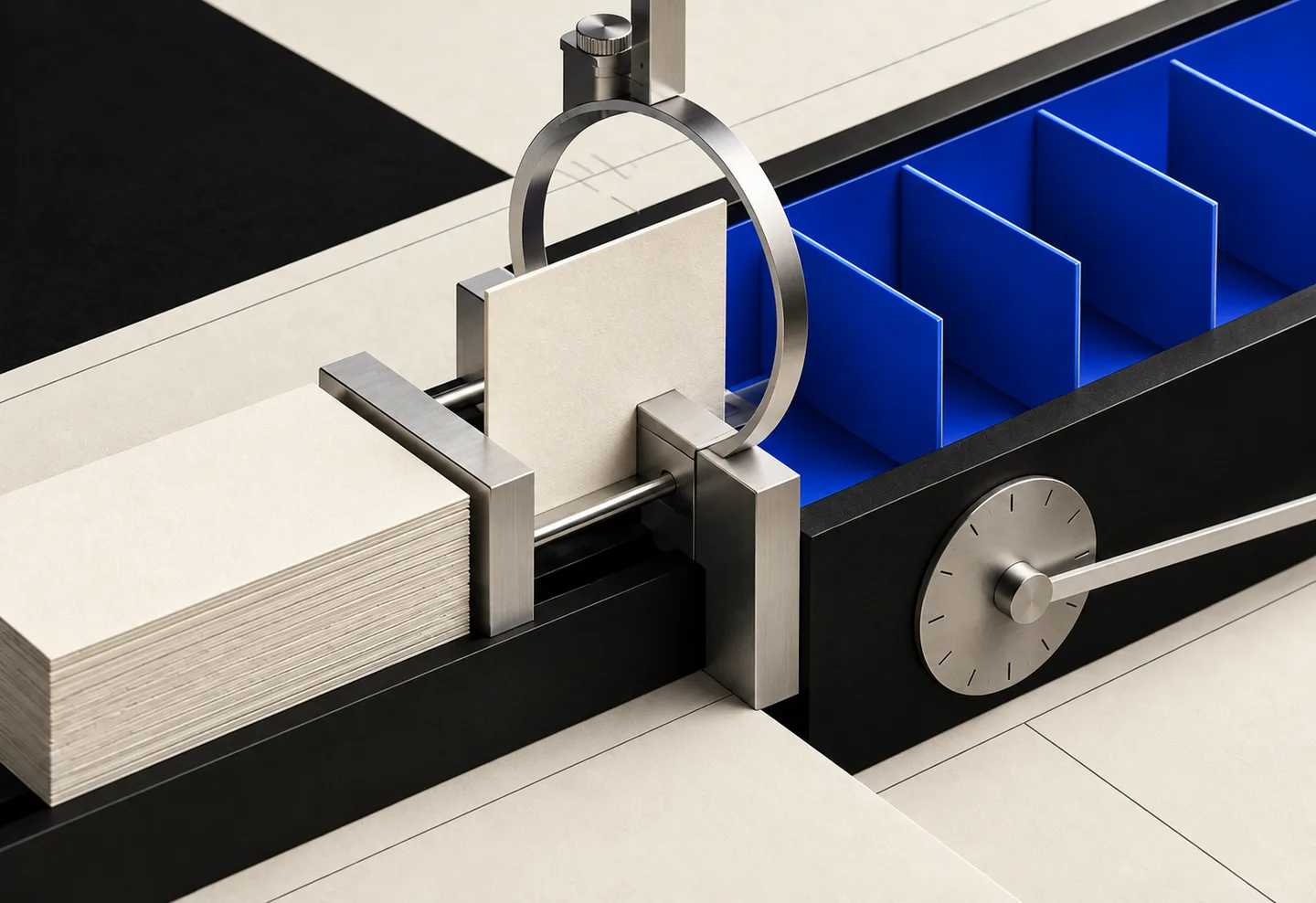 Editorial artwork of content cards moving through a precision review and scheduling mechanism for PostedIn
